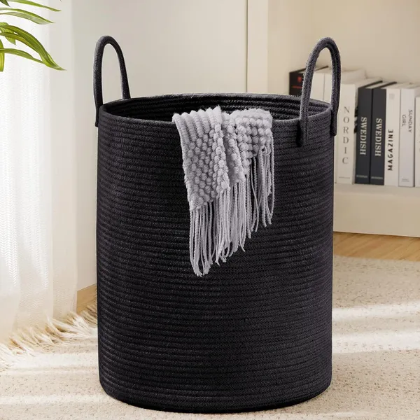 Laundry_Basket_Cotton_Rope_Large_Blanket_Basket_Woven_Storage_Basket_Toy_Storage_Organiser_Nursery_Decor_Laundry_Hamper_with_Handle_58L_(Black,_38cm(D)_x50cm(H))