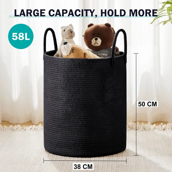 Laundry_Basket_Cotton_Rope_Large_Blanket_Basket_Woven_Storage_Basket_Toy_Storage_Organiser_Nursery_Decor_Laundry_Hamper_with_Handle_58L_(Black,_38cm(D)_x50cm(H))