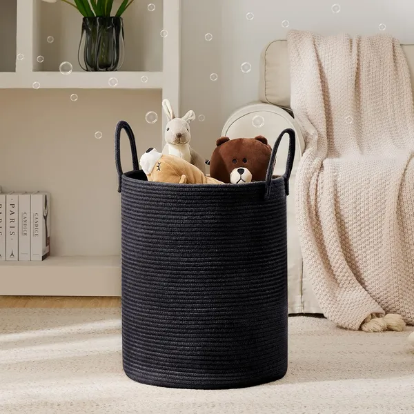 Laundry_Basket_Cotton_Rope_Large_Blanket_Basket_Woven_Storage_Basket_Toy_Storage_Organiser_Nursery_Decor_Laundry_Hamper_with_Handle_58L_(Black,_38cm(D)_x50cm(H))