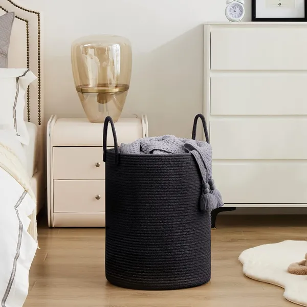 Laundry_Basket_Cotton_Rope_Large_Blanket_Basket_Woven_Storage_Basket_Toy_Storage_Organiser_Nursery_Decor_Laundry_Hamper_with_Handle_58L_(Black,_38cm(D)_x50cm(H))