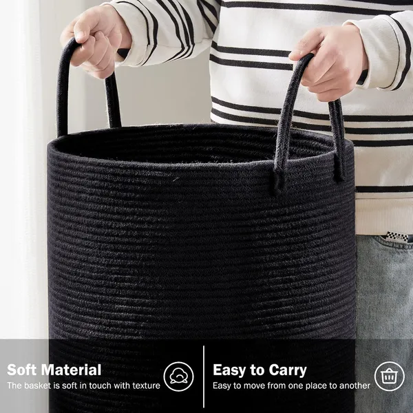 Laundry_Basket_Cotton_Rope_Large_Blanket_Basket_Woven_Storage_Basket_Toy_Storage_Organiser_Nursery_Decor_Laundry_Hamper_with_Handle_58L_(Black,_38cm(D)_x50cm(H))