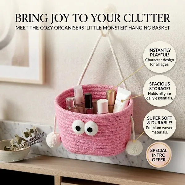 Little_Monster_Hanging_Storage_Basket_|_Handmade_Cotton_Rope_Organiser_with_Googly_Eyes_&_Pom-Poms_|_Wall_Hook_Basket_for_Bathroom,_Nursery,_Kids_Room_&_Vanity_|_Pink_|_Luxury_Affordable