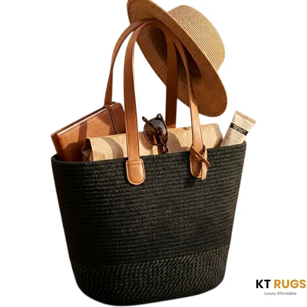 Minimalist_Unisex_Black_Woven_Tote_Bag_With_Tan_Leather_Straps_Gender-Neutral_Everyday_Shoulder_Bag