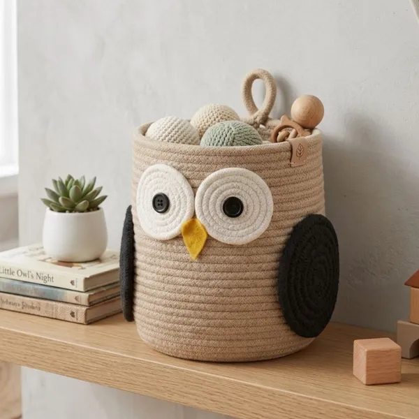 Owl_Rope_Storage_Basket_for_Kids,_9_Inch_Handwoven_Cotton_Nursery_Organizer_Bin_with_Handles,_Cute_Animal_Toy_Basket_for_Baby_Room,_Shelf,_Diapers