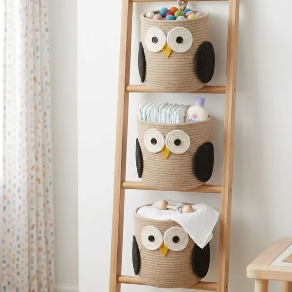Owl_Rope_Storage_Basket_for_Kids,_9_Inch_Handwoven_Cotton_Nursery_Organizer_Bin_with_Handles,_Cute_Animal_Toy_Basket_for_Baby_Room,_Shelf,_Diapers