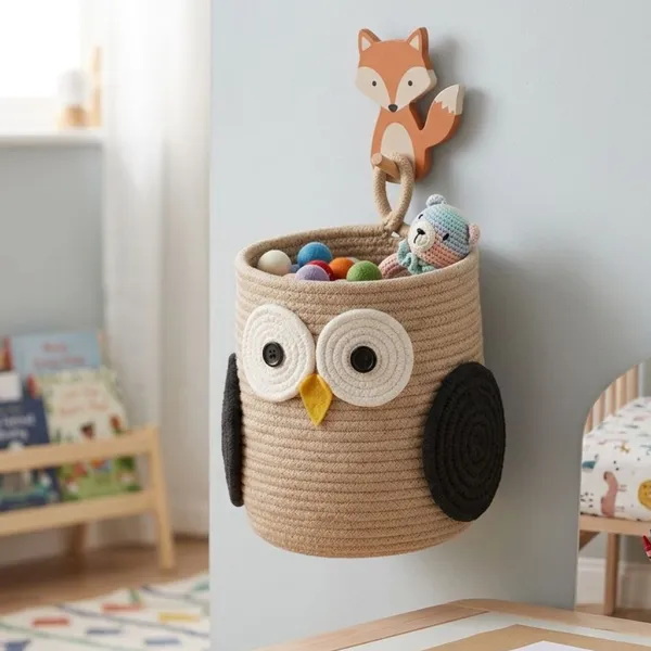 Owl_Rope_Storage_Basket_for_Kids,_9_Inch_Handwoven_Cotton_Nursery_Organizer_Bin_with_Handles,_Cute_Animal_Toy_Basket_for_Baby_Room,_Shelf,_Diapers