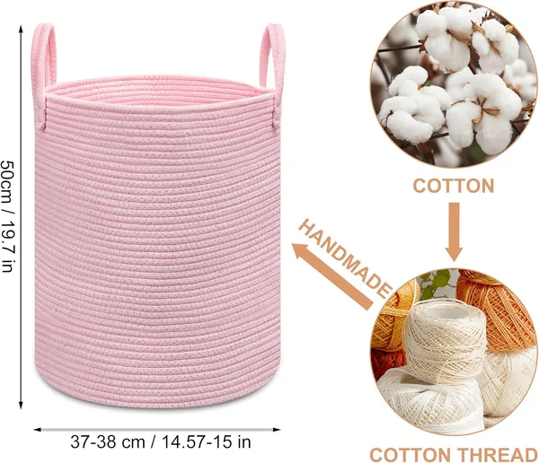 Pink_Laundry_Basket,_Woven_Rope_Toy_Storage_Basket_for_Kids,_Baby_Clothes_Hamper,_Nursery_&_Bathroom_Blankets_Organiser_Decor
