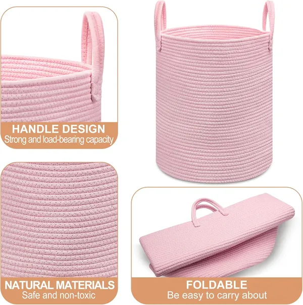 Pink_Laundry_Basket,_Woven_Rope_Toy_Storage_Basket_for_Kids,_Baby_Clothes_Hamper,_Nursery_&_Bathroom_Blankets_Organiser_Decor