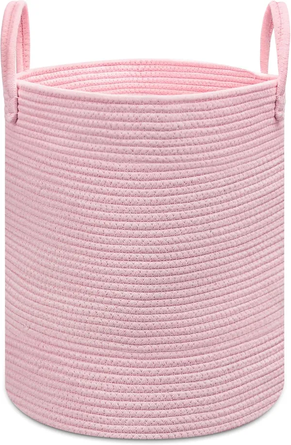 Pink_Laundry_Basket,_Woven_Rope_Toy_Storage_Basket_for_Kids,_Baby_Clothes_Hamper,_Nursery_&_Bathroom_Blankets_Organiser_Decor