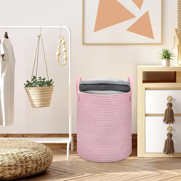 Pink_Laundry_Basket,_Woven_Rope_Toy_Storage_Basket_for_Kids,_Baby_Clothes_Hamper,_Nursery_&_Bathroom_Blankets_Organiser_Decor
