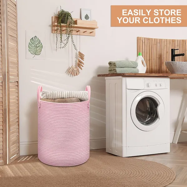 Pink_Laundry_Basket,_Woven_Rope_Toy_Storage_Basket_for_Kids,_Baby_Clothes_Hamper,_Nursery_&_Bathroom_Blankets_Organiser_Decor