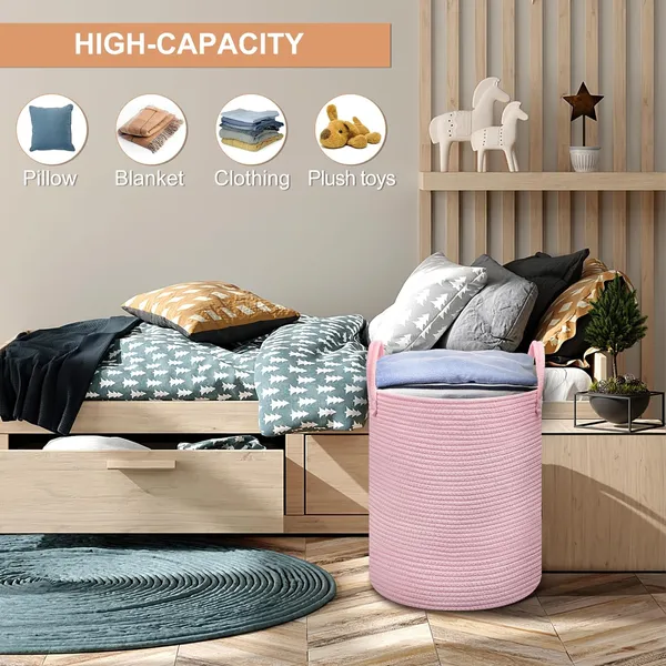 Pink_Laundry_Basket,_Woven_Rope_Toy_Storage_Basket_for_Kids,_Baby_Clothes_Hamper,_Nursery_&_Bathroom_Blankets_Organiser_Decor