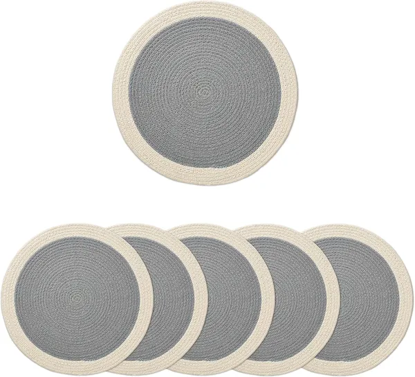 Placemats_Set_of_6_|_Cotton_Round_Table_Mat_-_32_cm_Diameter_|_Light_Grey_&_Off_White_|_Handmade_Rib_Style_Chargers_for_Diner_Plates