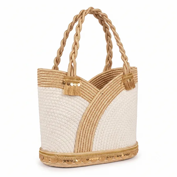 Premium_Woven_Gold_&_Cream_Hamper_Bag_with_Sequin_Trim_&_Tassels