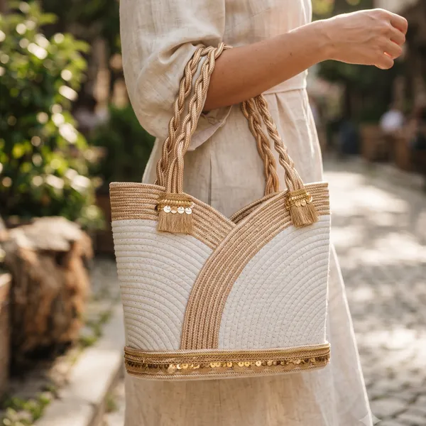 Premium_Woven_Gold_&_Cream_Hamper_Bag_with_Sequin_Trim_&_Tassels
