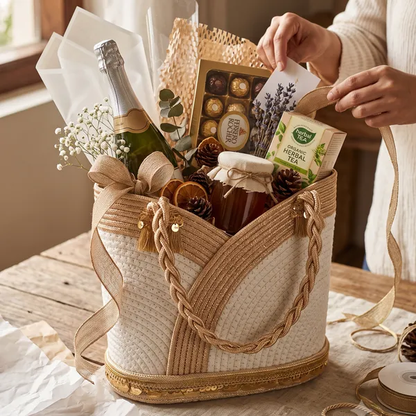 Premium_Woven_Gold_&_Cream_Hamper_Bag_with_Sequin_Trim_&_Tassels