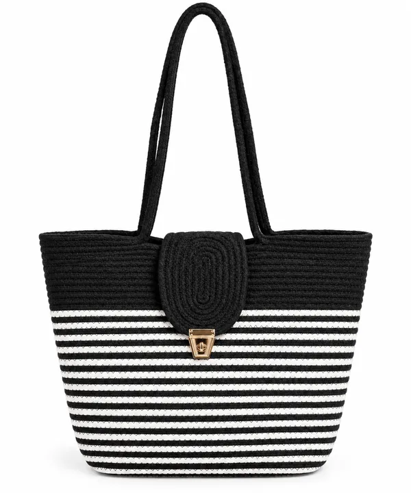 KT_RUGS_Big_Size_Handmade_Tote_Bag_for_New_Moms_-_Black_&_White_Striped_Cotton_Rope_Shoulder_Bag_with_Lock_Closure