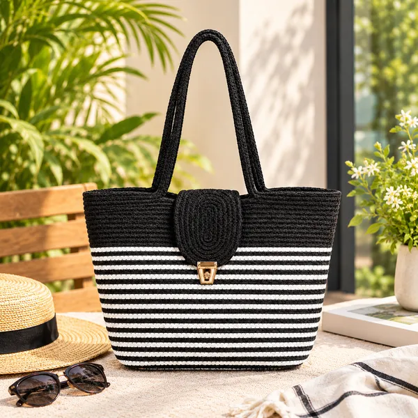 KT_RUGS_Big_Size_Handmade_Tote_Bag_for_New_Moms_-_Black_&_White_Striped_Cotton_Rope_Shoulder_Bag_with_Lock_Closure