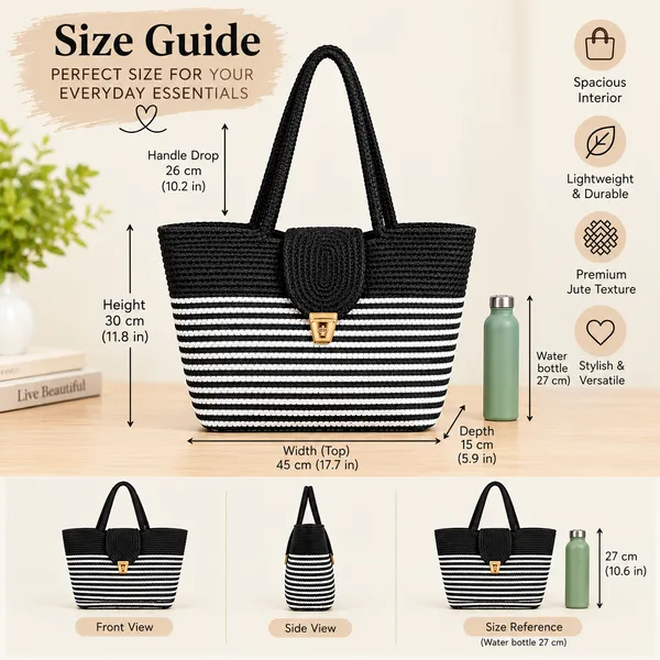 KT_RUGS_Big_Size_Handmade_Tote_Bag_for_New_Moms_-_Black_&_White_Striped_Cotton_Rope_Shoulder_Bag_with_Lock_Closure