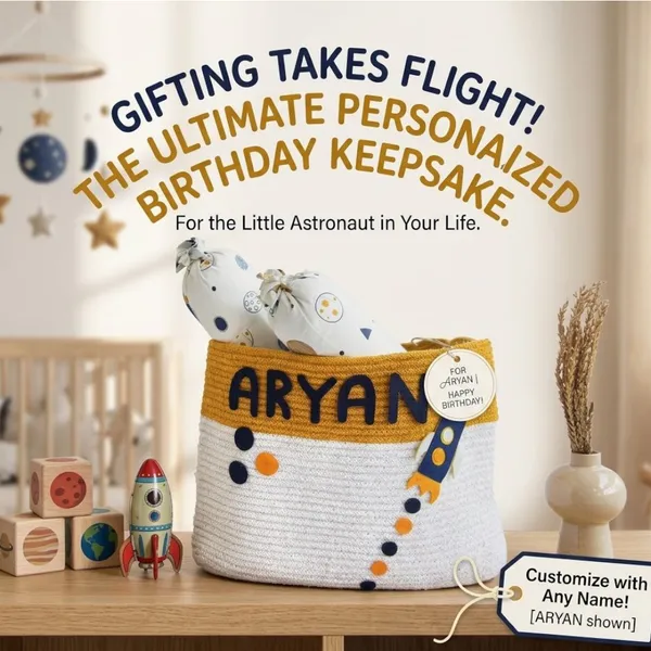 Space_Theme_Nursery_Bin_with_Custom_Name_|_Handmade_Rocket_Ship_Appliqué_|_Mustard_&_Natural_|_13"L_x_13"W_x_11"H_|_Baby_Shower_&_Birthday_Gift
