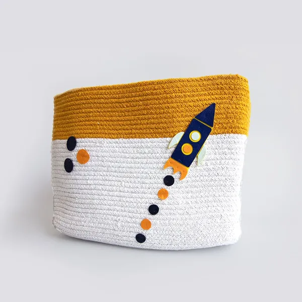 Space_Theme_Nursery_Bin_with_Custom_Name_|_Handmade_Rocket_Ship_Appliqué_|_Mustard_&_Natural_|_13"L_x_13"W_x_11"H_|_Baby_Shower_&_Birthday_Gift