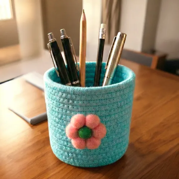 Woven_Cotton_Rope_Pen_Stand_&_Desk_Organizer_with_Charming_Flower-Aqua_Organizer
