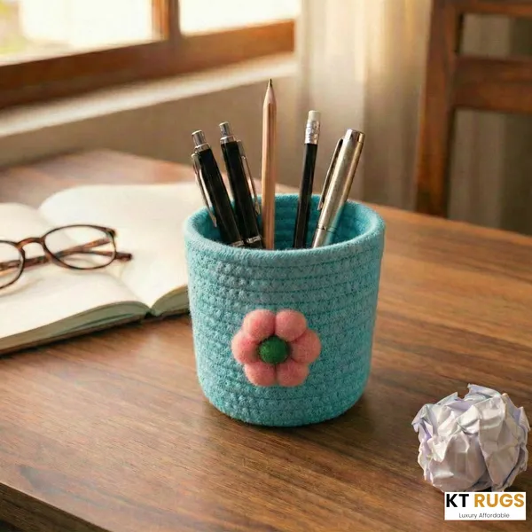 Woven_Cotton_Rope_Pen_Stand_&_Desk_Organizer_with_Charming_Flower-Aqua_Organizer