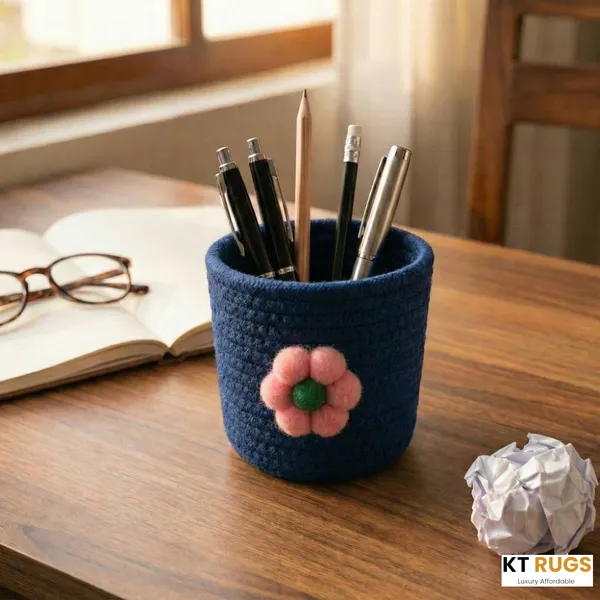 Woven_Cotton_Rope_Pen_Stand_&_Desk_Organizer_with_Charming_Flower-Navy_Blue