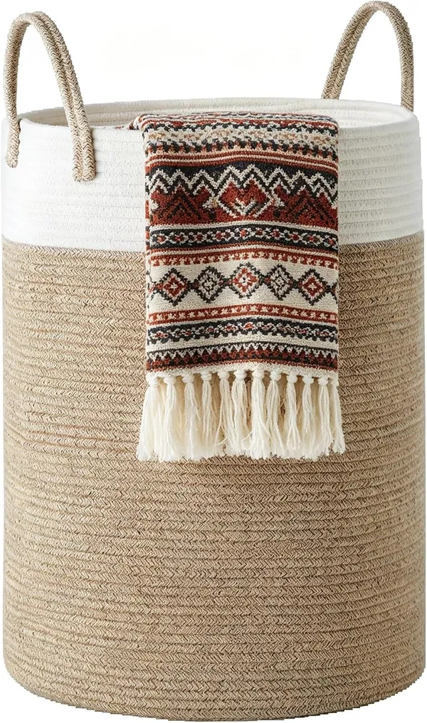 Woven_Laundry_Basket,_Toy_Storage_Basket_with_Handle,_Handmade_Cotton_White_&_Brown