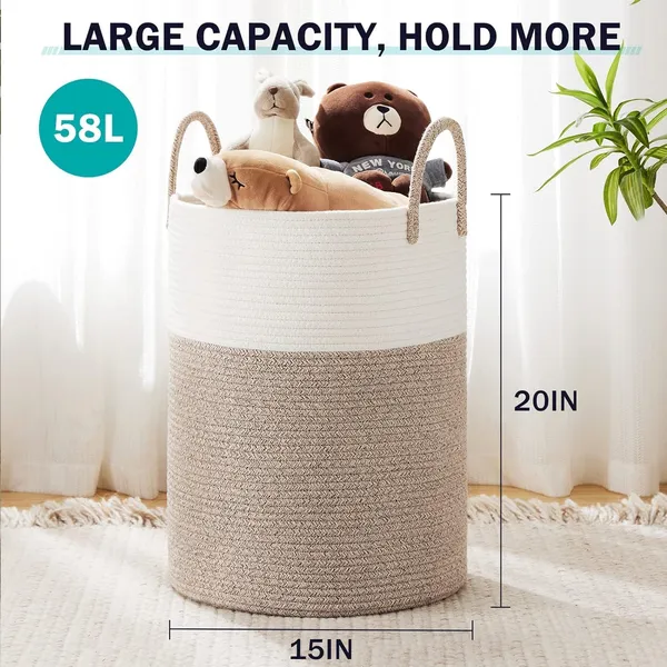 Woven_Laundry_Basket,_Toy_Storage_Basket_with_Handle,_Handmade_Cotton_White_&_Brown