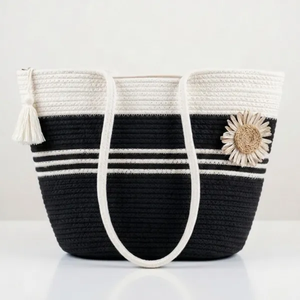Woven_Rope_Tote_Bag,_Black_and_White,_Two-Tone_with_Tassel_and_Floral_Accent,_Beach_Shoulder_Bag