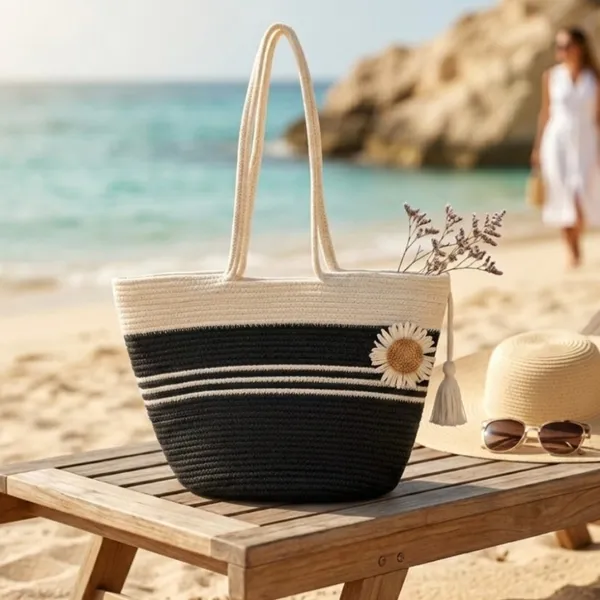 Woven_Rope_Tote_Bag,_Black_and_White,_Two-Tone_with_Tassel_and_Floral_Accent,_Beach_Shoulder_Bag