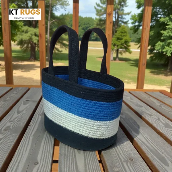 Woven_Rope_Tote_Bag_&_Storage_Basket_-_Small_Colorblock_Handbag_with_Sturdy_Handles_-_Multipurpose_Organizer,_Picnic_&_Gift_Basket_-_12"_x_8"_x_9"_(Black/Blue)