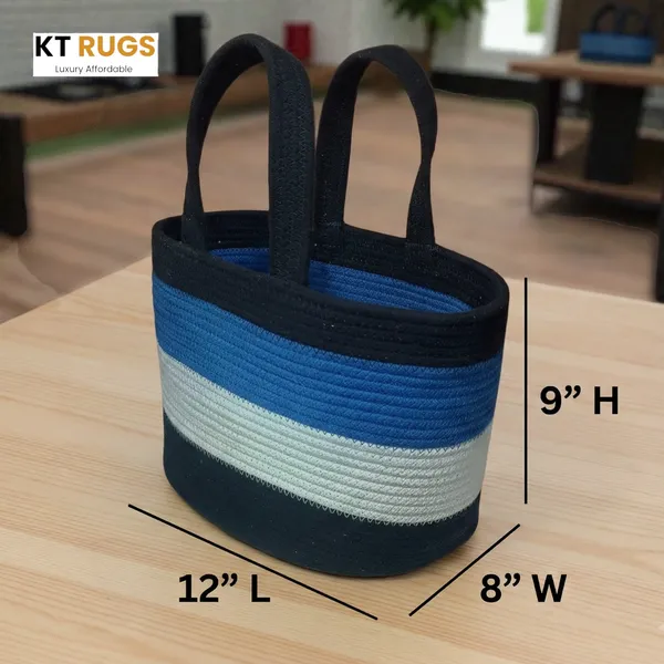 Woven_Rope_Tote_Bag_&_Storage_Basket_-_Small_Colorblock_Handbag_with_Sturdy_Handles_-_Multipurpose_Organizer,_Picnic_&_Gift_Basket_-_12"_x_8"_x_9"_(Black/Blue)