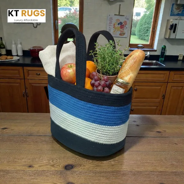 Woven_Rope_Tote_Bag_&_Storage_Basket_-_Small_Colorblock_Handbag_with_Sturdy_Handles_-_Multipurpose_Organizer,_Picnic_&_Gift_Basket_-_12"_x_8"_x_9"_(Black/Blue)