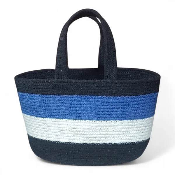 Woven_Rope_Tote_Bag_&_Storage_Basket_-_Small_Colorblock_Handbag_with_Sturdy_Handles_-_Multipurpose_Organizer,_Picnic_&_Gift_Basket_-_12"_x_8"_x_9"_(Black/Blue)