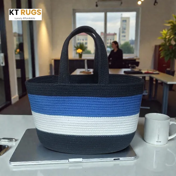 Woven_Rope_Tote_Bag_&_Storage_Basket_-_Small_Colorblock_Handbag_with_Sturdy_Handles_-_Multipurpose_Organizer,_Picnic_&_Gift_Basket_-_12"_x_8"_x_9"_(Black/Blue)