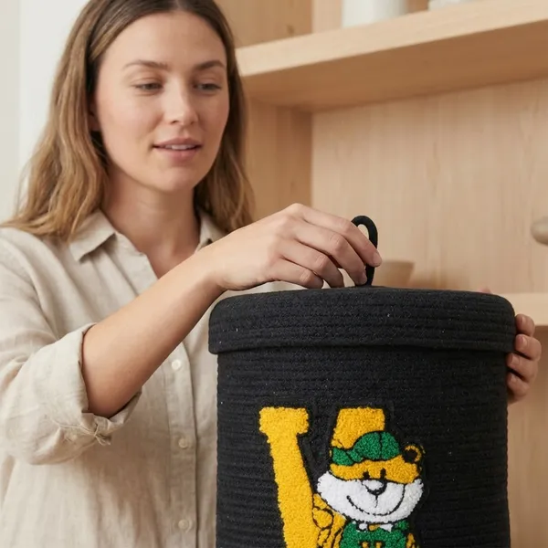 Black_Handmade_Cotton_Rope_Storage_Basket_With_Bear_Design_Black_With_And_Green_Accents_Decorative_Container