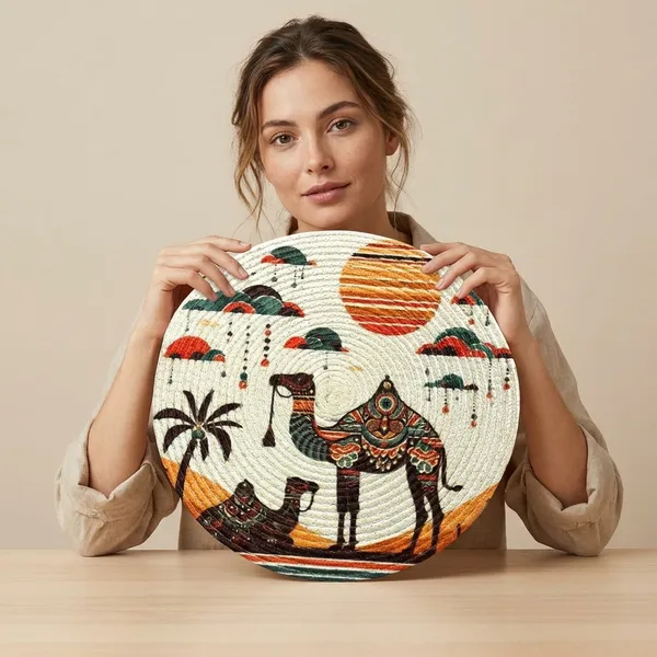 Beige_Round_Cotton_Placemat_With_Desert_Camel_Design_Traditional_Middle_Eastern_Art_And_Orange