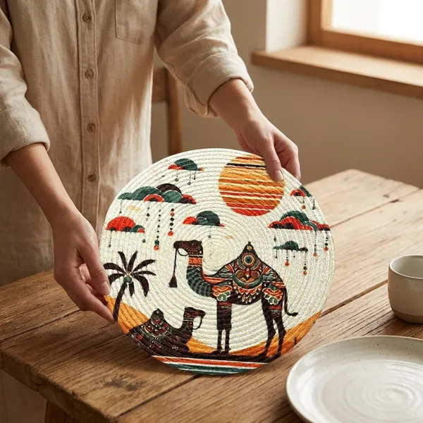 Beige_Round_Cotton_Placemat_With_Desert_Camel_Design_Traditional_Middle_Eastern_Art_And_Orange