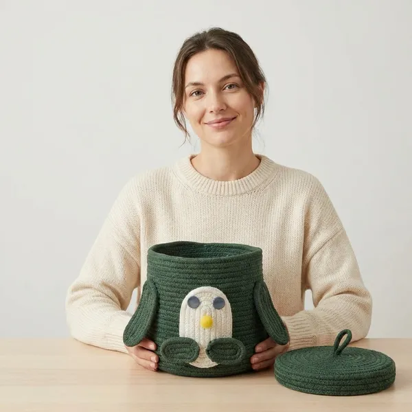 Dark_Grenn_Penguin_Rope_Storage_Basket_With_Lid_Multipurpose_Cute_Design_Organiser