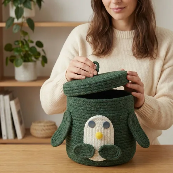 Dark_Grenn_Penguin_Rope_Storage_Basket_With_Lid_Multipurpose_Cute_Design_Organiser