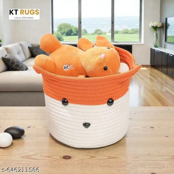 Orange_And_White_Animal_Face_Woven_Storage_Basket_For_Kids_&_Multipurpose_Organizer