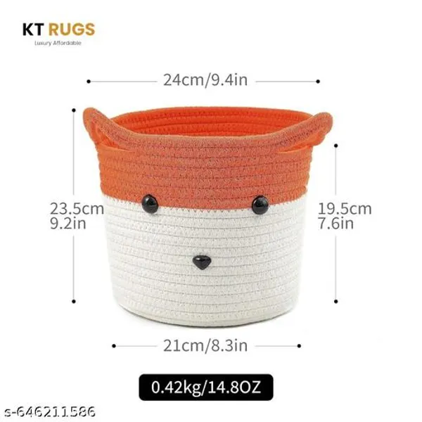 Orange_And_White_Animal_Face_Woven_Storage_Basket_For_Kids_&_Multipurpose_Organizer