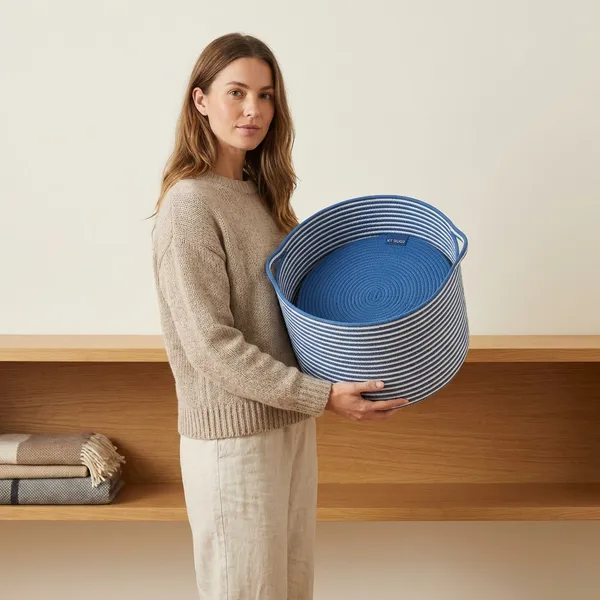 White_And_Blue_Multi_Purpose_Storage_Basket_With_Handles_And_Stripes_(20_X_15_Cm)