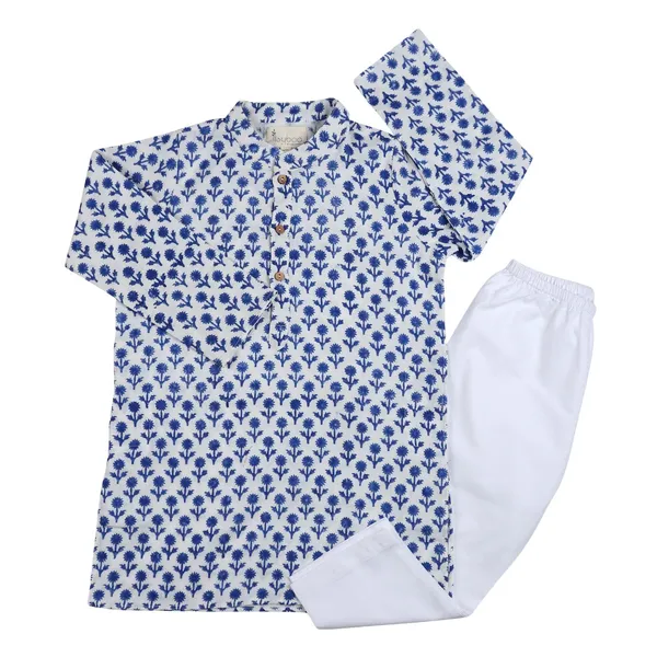 Blue_Organic_Cotton_Kurta_Pyjama_Dark_Blue_Flower