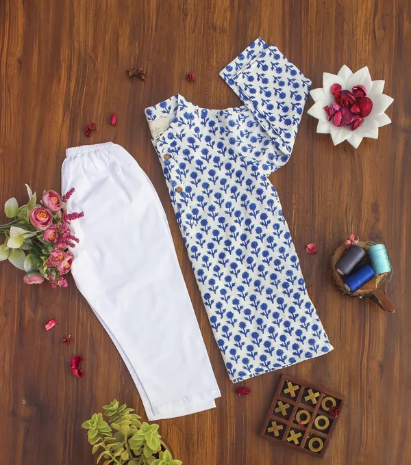 Blue_Organic_Cotton_Kurta_Pyjama_Dark_Blue_Flower