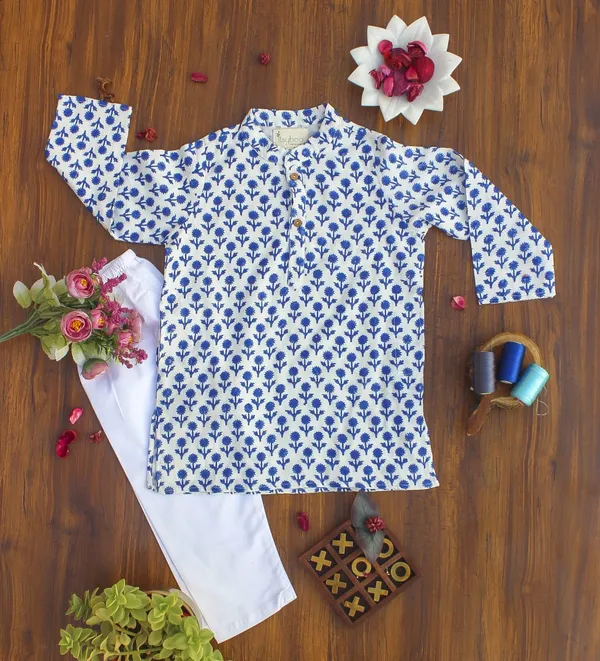 Blue_Organic_Cotton_Kurta_Pyjama_Dark_Blue_Flower