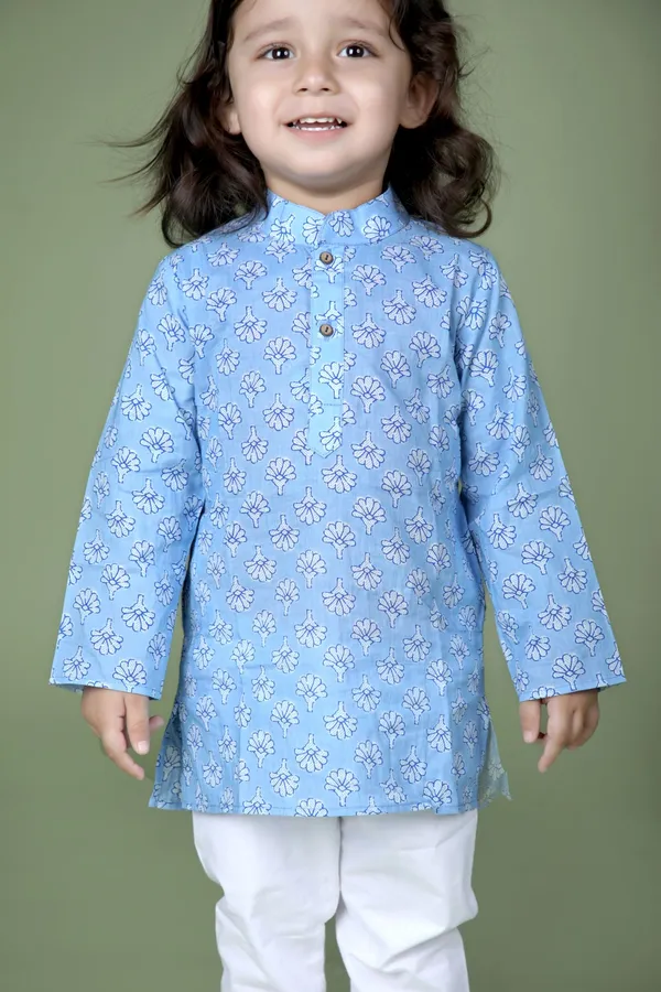 Blue_Cotton_Silk_Blue_Floral_Block_Printed_Kurta_And_Pyjama