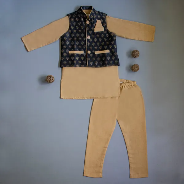 Black_And_Beige_Cotton_Silk_Black_Block_Printed_Jacket_With_Beige_Kurta_Pyjama
